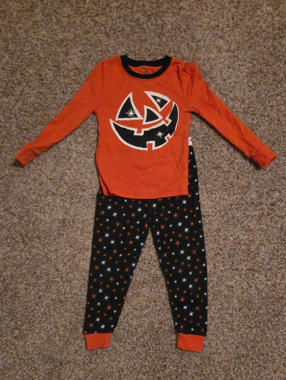 Kids' Orange And Black Pumpkin Long-Sleeve Pajama Set with Star-Print Pants